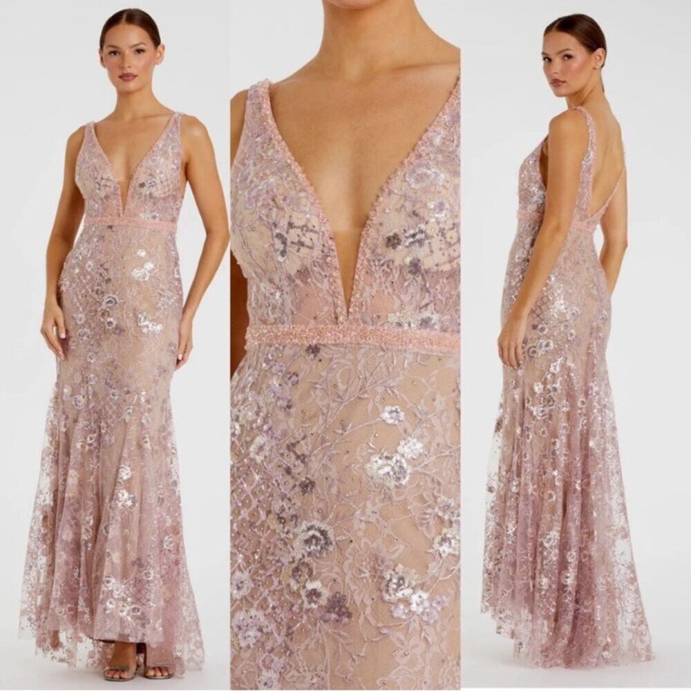 Mac Duggal Pink Floral Embellished Sleeveless Plunge Neck Gown Sz 12 $698 67481